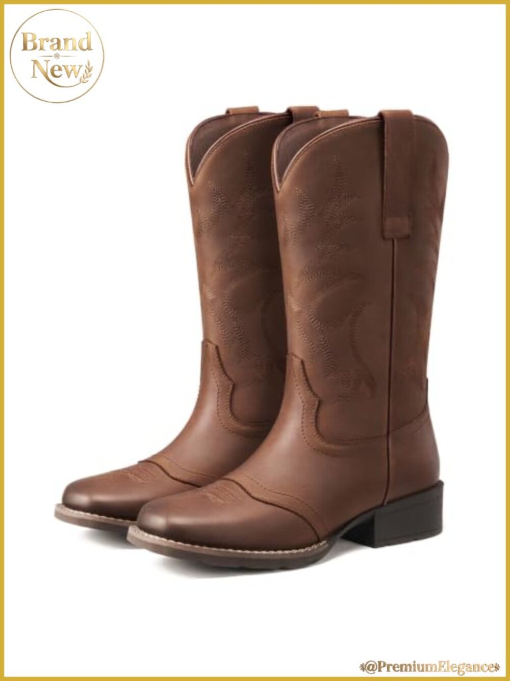 Genuine Leather Woman Cowgirl Boots Square Toe Block Heel Mid Calf